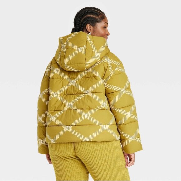 Women's Plus Size Hooded Short Puffer Coat - Ava & Viv Green Diamond 1X NWT - Picture 3 of 8